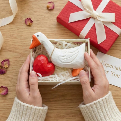 Hand Carved Wooden Goose Figurine with Red Heart - 4 Inch Cute Animal Statue for Home Decor, Shelf, Nightstand - Unique Valentine’s Day for Her, Wife, Girlfriend - Rustic Accent