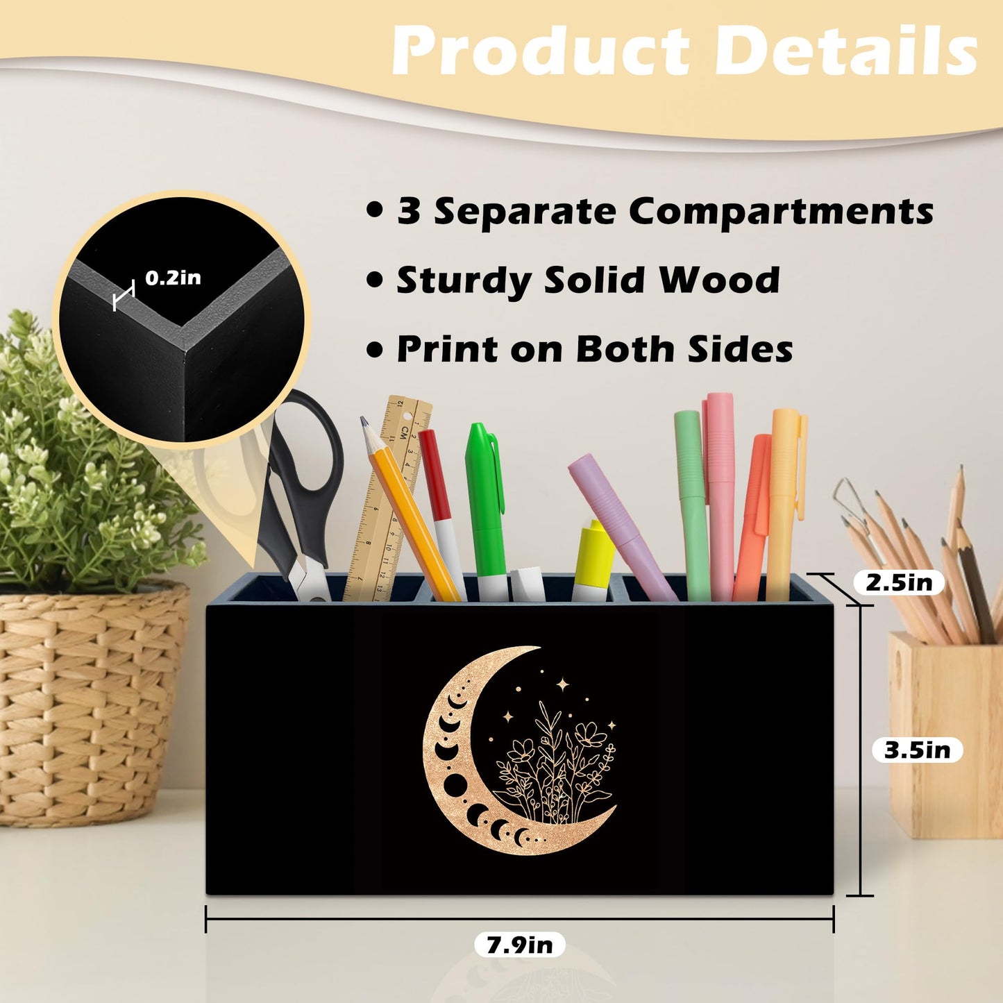 ANIANG Witchy Floral Moon Pen Holder Organizer Desk Decor, Witchy Room Decor, Boho Black Gold Celestial Crescent Moon Phase Wooden Pen Pencil Holders for Home Office Desk Accessories