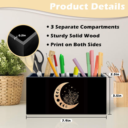 ANIANG Witchy Floral Moon Pen Holder Organizer Desk Decor, Witchy Room Decor, Boho Black Gold Celestial Crescent Moon Phase Wooden Pen Pencil Holders for Home Office Desk Accessories