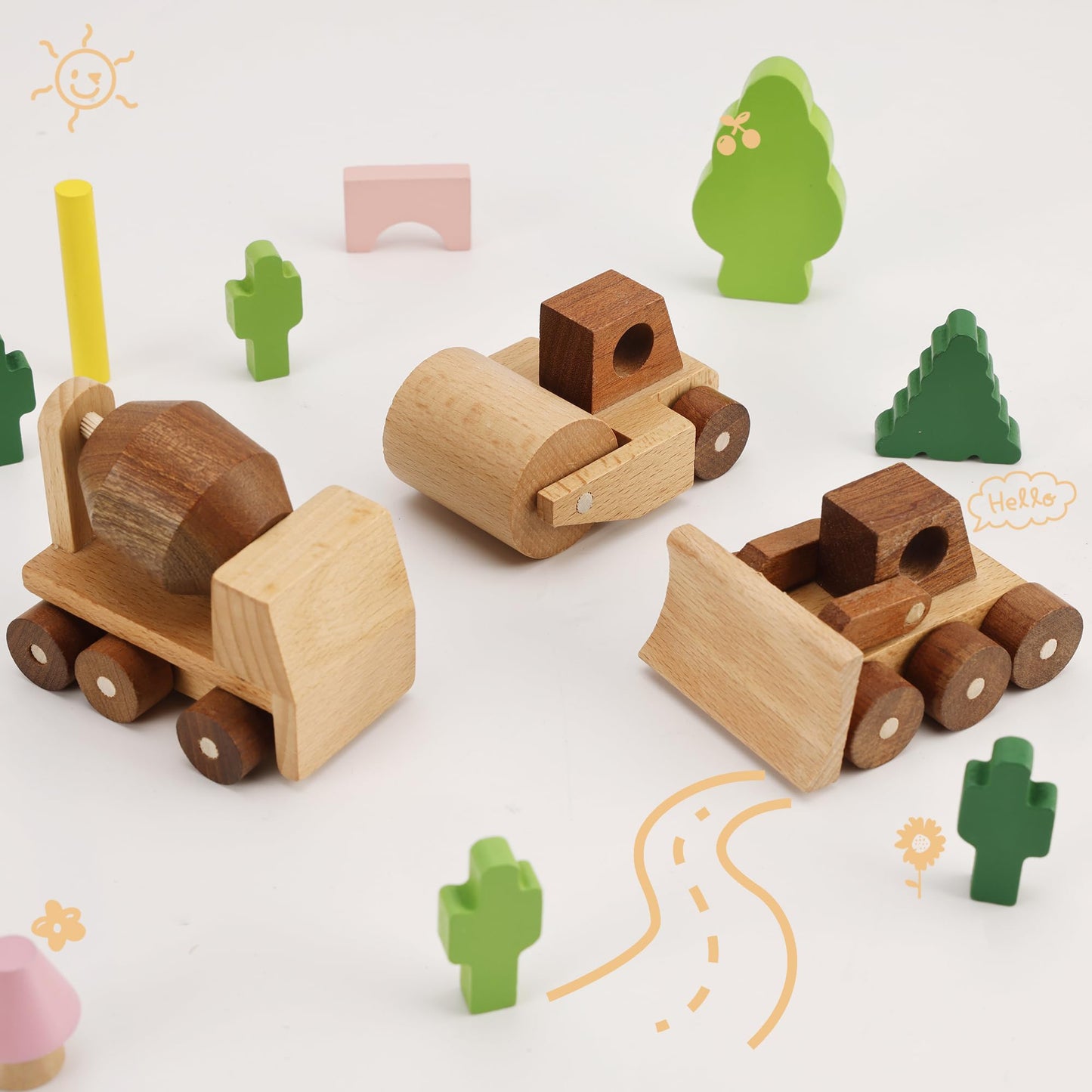 MONT PLEASANT Wooden Construction Vehicle Toy Set of 3, Toddler Montessori Toys Cement Truck Bulldozer Steam Roller Toy Car with Rolling Wheels, Kid Construction Toys Educational Gift for Boys & Girls