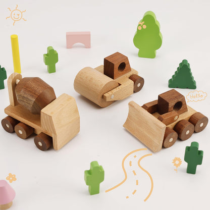 MONT PLEASANT Wooden Construction Vehicle Toy Set of 3, Toddler Montessori Toys Cement Truck Bulldozer Steam Roller Toy Car with Rolling Wheels, Kid Construction Toys Educational Gift for Boys & Girls