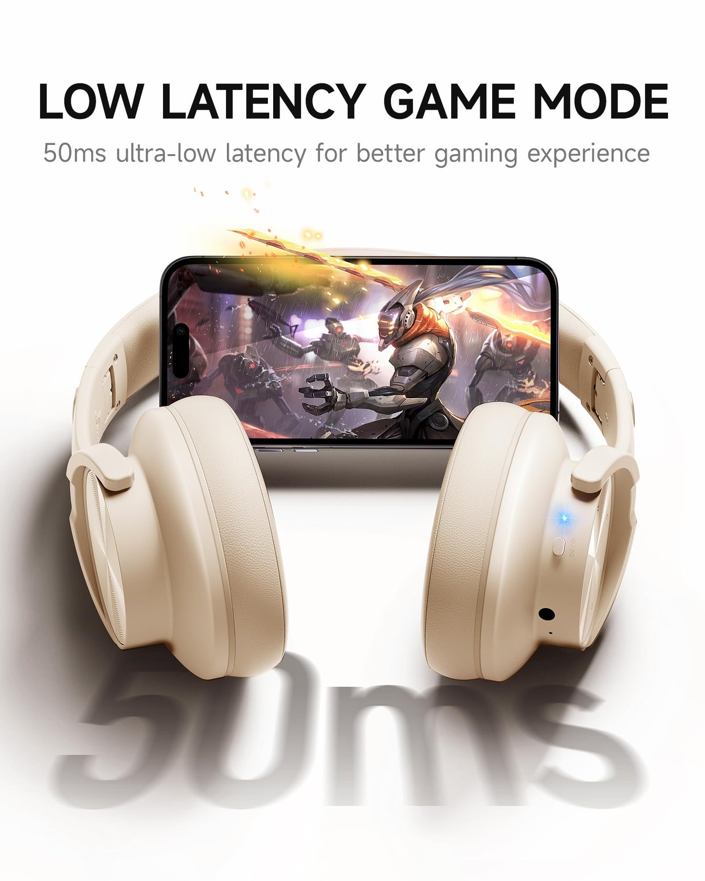 Picun B8 Bluetooth Headphones, 120H Playtime Headphone Wireless Bluetooth with 3 EQ Modes, Low Latency, Hands-Free Calls, Over Ear Headphones for Travel Home Office Cellphone PC Khaki White