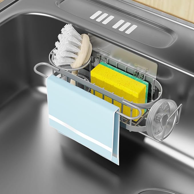 Cisily Grey Kitchen Sink Caddy Sponge Holder in the Sink, Stainless Steel