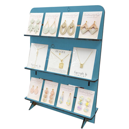 TORCHED DISPLAYS Jewelry Holder Necklace Organizer | Earring Display Stands for Selling | 3-Tiered Wooden Jewelry Holder Stand for Shops, Boutiques, Festivals | Display Rack Wood Stand | Blue