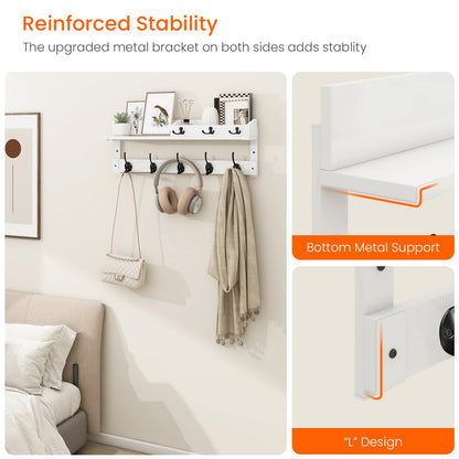 Homode Coat Rack Wall Mount with Hooks and Mail Holder, Entryway Floating Shelf with Key Hooks, Hanging Coat Hanger for Entry, Bathroom, Hallway, Bedroom, White