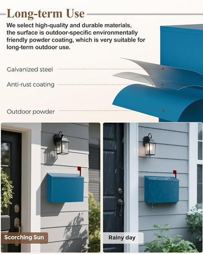 Wall-Mount Mailbox for Outside, Large Capacity Rust-Proof Mail Box with Stay-Open Lid & Red Flag Kit, Galvanized Steel Weather-Resistant Post Box for House Outside, 10.5"x4.3"x14.2", Blue