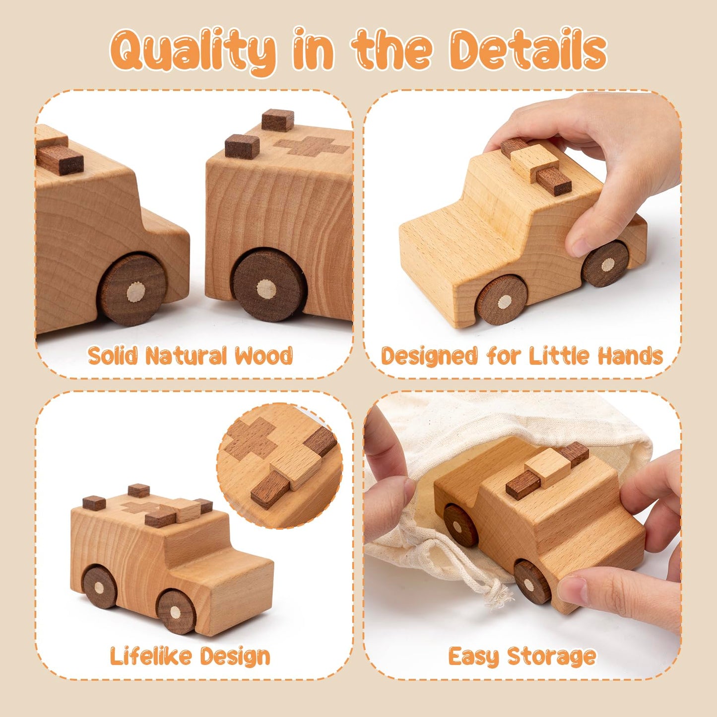 kienvy Wooden Toy Cars for 3 Year Old Boys & Girls - Construction Vehicles Set Push Toys for Toddlers, Wood Montessori Car with Rolling Wheels, Natural Wood Toys (Ambulance & Police Car)