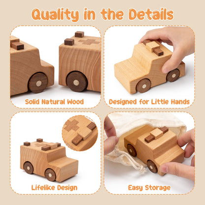 kienvy Wooden Toy Cars for 3 Year Old Boys & Girls - Construction Vehicles Set Push Toys for Toddlers, Wood Montessori Car with Rolling Wheels, Natural Wood Toys (Ambulance & Police Car)