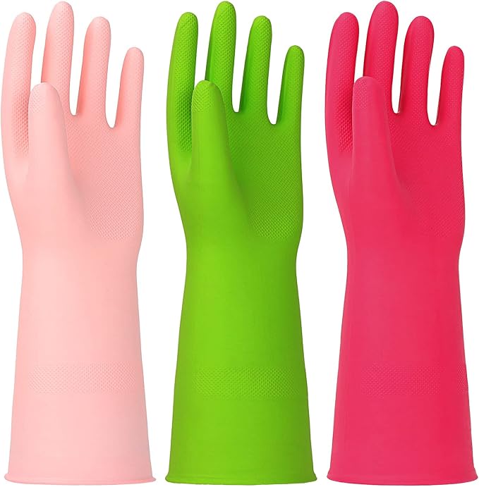 3 Pairs Rubber Cleaning Gloves Latex Free Dishwashing Gloves - 13" Reusable Nitrile Gloves Small, Green+Pink+Red