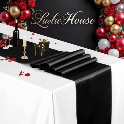 5 Pack Black Table Runners 12 x 108 Inches Long Smooth Silk Satin Table Runner for Party Wedding Birthday Banquet Decoration