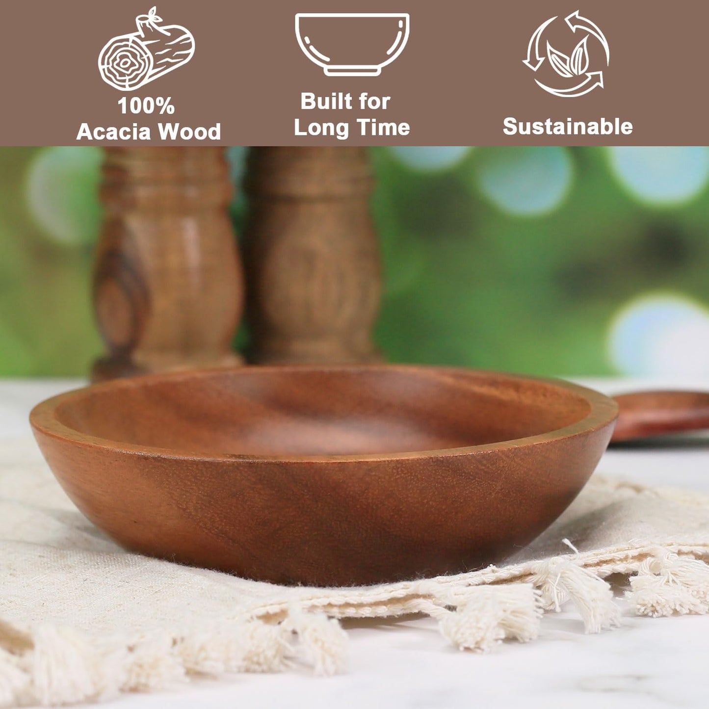 MeowAroma Acacia Wood Serving Bowls, 6 Inch Handcrafted Wooden Individual Bowls Set of 2 for Food/Soup/Salad/Pasta, Use as Snack Holder Plate for Kitchen and Dining