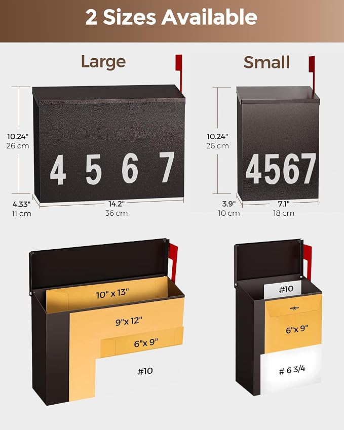LAND·VOI Wall-Mount Mailbox with One Flag Kit and Three Sets of 0-9 Mailbox Number Stickers, Mailboxes for Outside, Galvanized Steel Rust-Proof Metal Post Box, 7.1"x3.9"x10.24", Textured Bronze AMB05R
