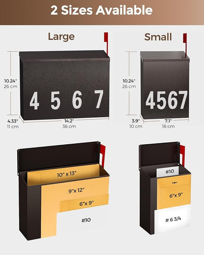 LAND·VOI Wall-Mount Mailbox with One Flag Kit and Three Sets of 0-9 Mailbox Number Stickers, Mailboxes for Outside, Galvanized Steel Rust-Proof Metal Post Box, 7.1"x3.9"x10.24", Textured Bronze AMB05R