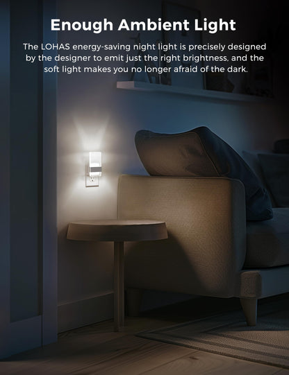 L LOHAS LED Night Lights Plug Into Wall, 2 Pack Plug in Night Light LED with Dusk to Dawn Sensor, 0-100LM Dimmable Nightlight, Wall Sconce-Style Design Nightlights for Bathroom, Hallway,Stairway,Gift