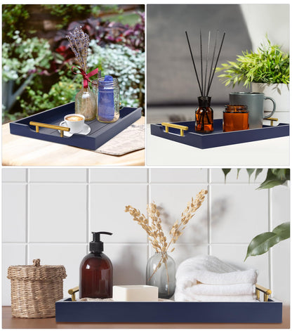 SXNOWS Coffee Table Tray - Large Ottoman Tray for Living Room - Wood Serving Tray with 2 Sets of Handles - Wooden Trays for Coffee Tables, 4 Round Coasters Included, Deep Blue