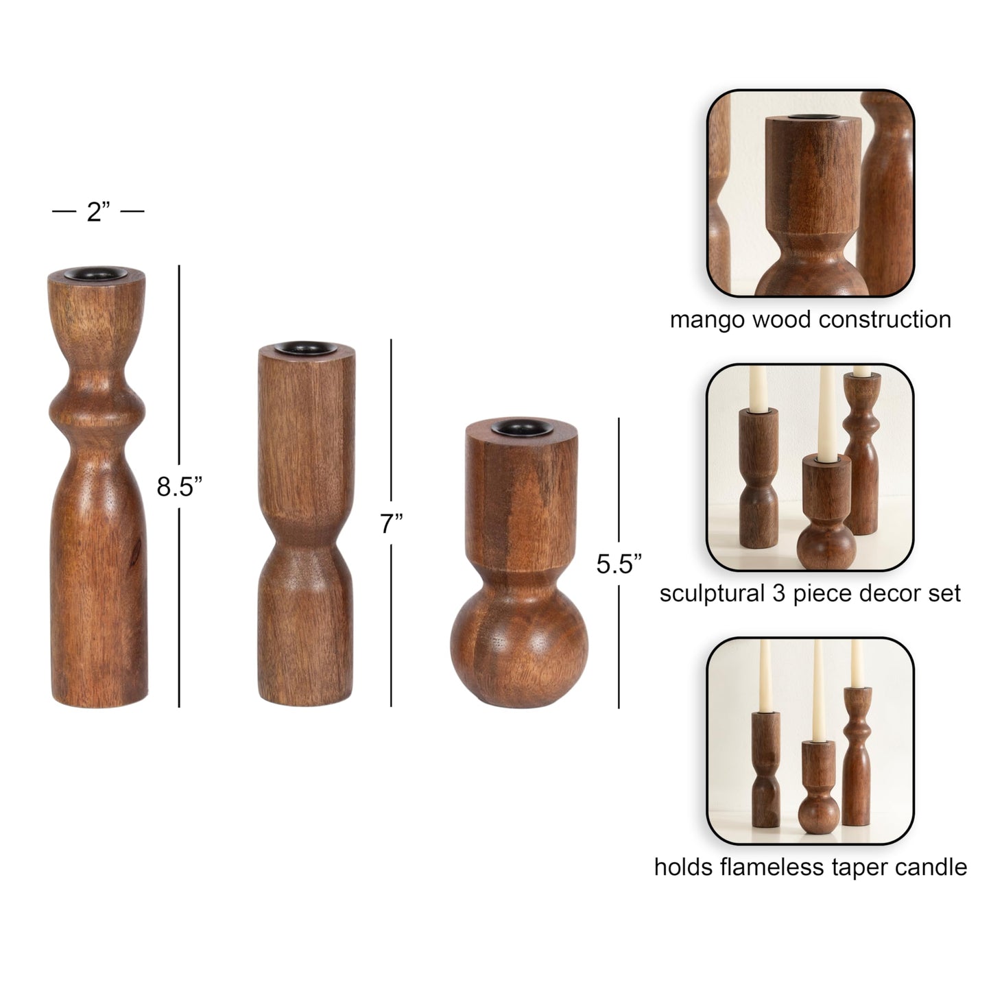 Kate and Laurel Pico Modern Three-Piece Mango Wood Taper Candle Holder Set, Set of 3, Walnut Brown, Transitional Wooden Candlestick Holders for Dining Table or Fireplace Mantel Display