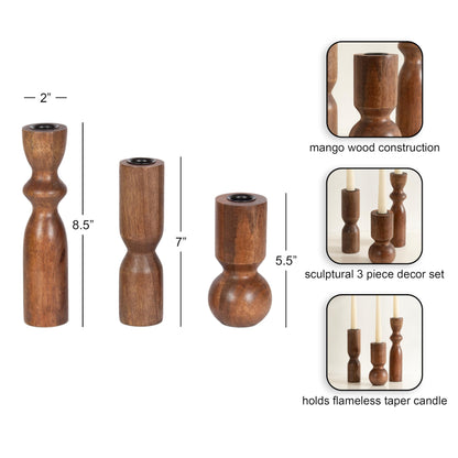 Kate and Laurel Pico Modern Three-Piece Mango Wood Taper Candle Holder Set, Set of 3, Walnut Brown, Transitional Wooden Candlestick Holders for Dining Table or Fireplace Mantel Display
