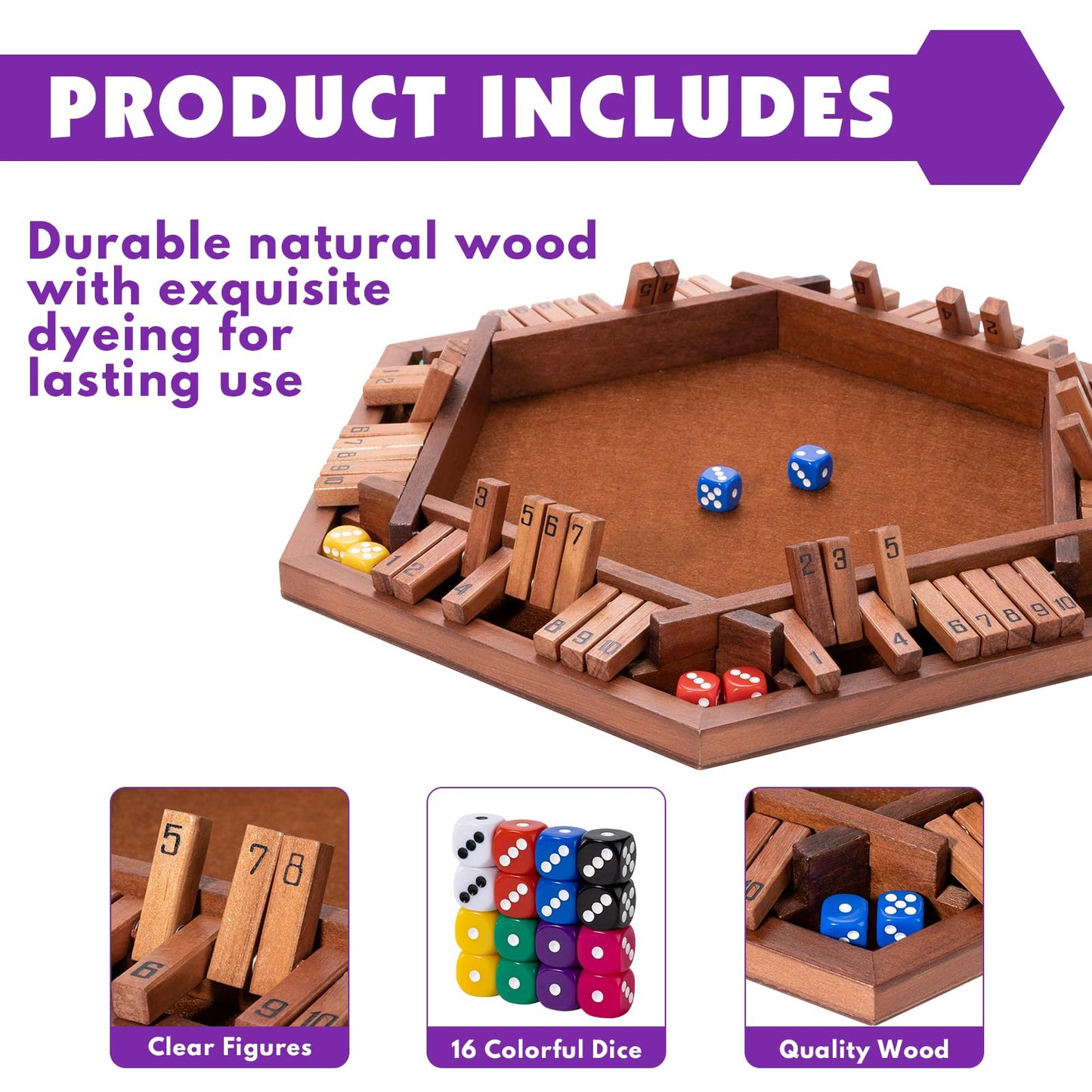 MNYUN Shut The Box Premium Wooden Dice Game - Handcrafted Board Game 2-6 Players, Educational Math Learning Games for Kids Adults, Classic Pub Games Family Party Gift Set
