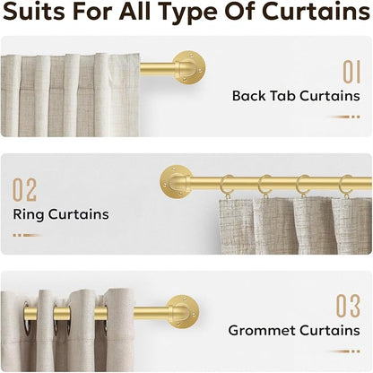 Zeerobee Curtain Rods for Windows 72 to 144, 1 Inch Industrial Wrap Around Gold Curtain Rod, Indoor/Outdoor Room Divider Adjustable Drapery Pole, 72"-144"