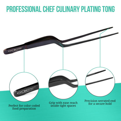 O'Creme 8 Inch Black Stainless Steel Precision Kitchen Culinary Offset Tweezer Tongs