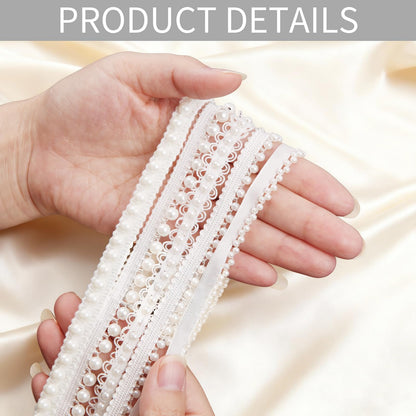 HLTOO 5 Yards Pearls Lace Ribbon Trim, White Beaded Fringe Trim Applique, for Sewing Clothing, Curtains, Wedding Decoration, Bridal Dress, Belt, Headwear, 5 Styles