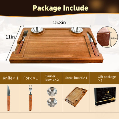 2 Set Acacia Wood Steak Plates Board with Knife Fork Ramekins,Knife-Friendly Food Serving Tray Deep Juice Groove Charcuterie Meat Cutting Boards for Dinner BBQ Party Restaurant & Housewarming Gifts