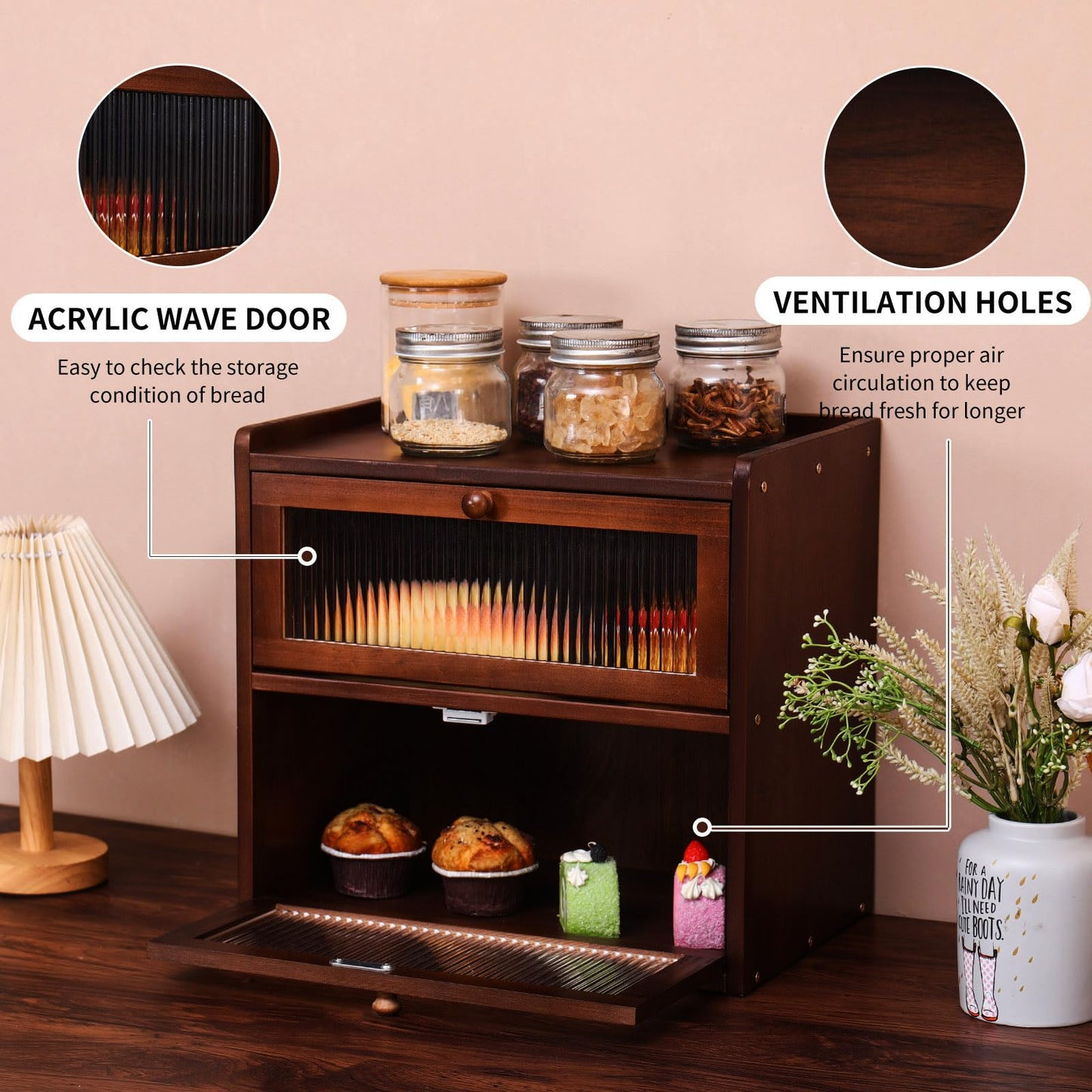 FDHUIJIA Double 2 Layer Large Bread Box for Kitchen Counter, Wooden Bread Storage Container Organizer Holder with Acrylic Window (brown)