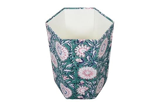 3.3 Gallon Cotton Hand Block Printed Paper Waste Basket |Small Decorative Trash Can for Housewarming Gifts in Living Room, Bedroom, Bathroom | Eco-Friendly, Plastic-Free (1, Green Pink FLOWAR)