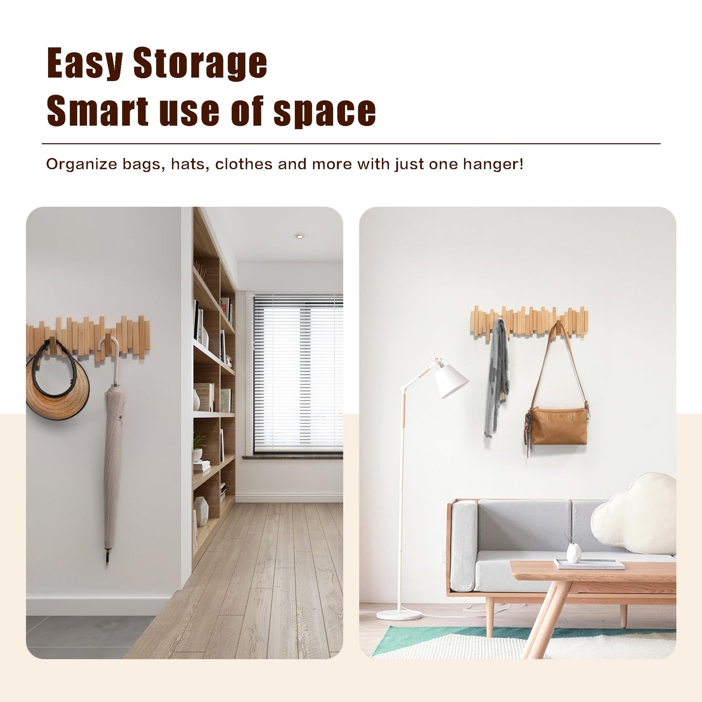 Acsigesn Wooden Coat Rack Wall Mounted Sticks Multi Rack Solid Handmade Natural Beech Wood Artwork with 6 Flip-Down Unique Modern Hooks for Coats Bag Hat Umbrella