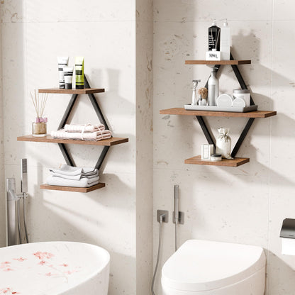 iFaveorr Floating Shelves, Wall Shelf Set of 2, Wall Mounted Shelves, 3-Tier Hanging Wall Shelves for Bathroom, Living Room, Bedroom, Kitchen, Office (Rustic Brown)