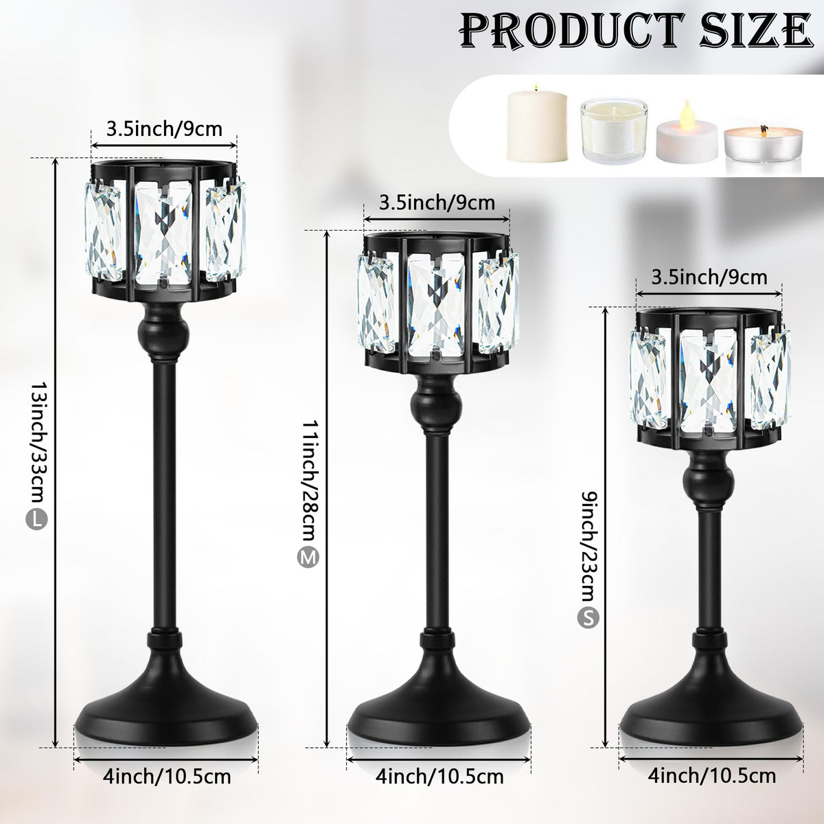 Set of 3 Cup Crystal Tealight Candle Holders, Centerpieces for Table Wedding Centerpieces Crystal Decorative Tealight Candle Dining Table Candle Holder Decor for Party (8.7"+10.6"+12.2", Black)