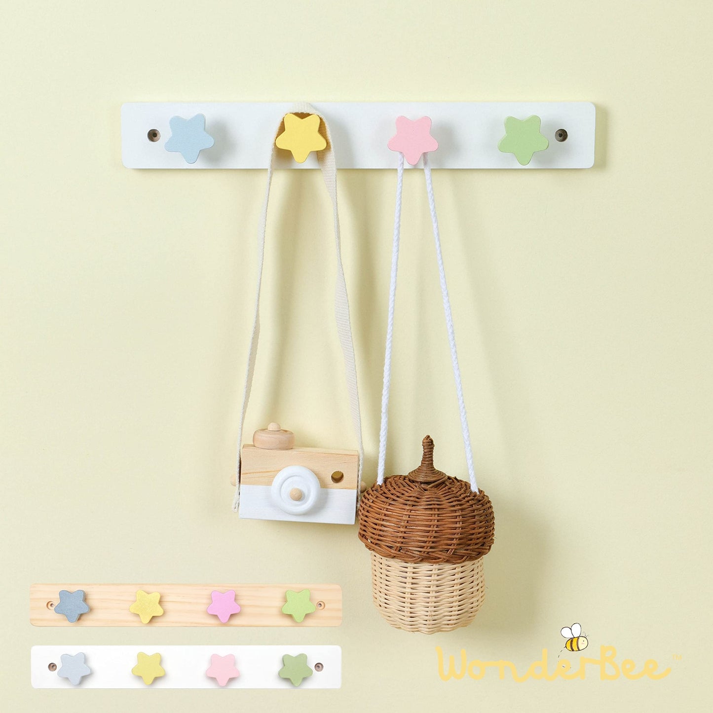 WONDERBEE Kids Coat Rack | Wall Mounted 14” Wooden Hanger | Decorative for Kid's Bedroom, Playroom, Bathroom | 4 Star Shaped Hooks for Hanging Coats, Backpacks & Towels | White