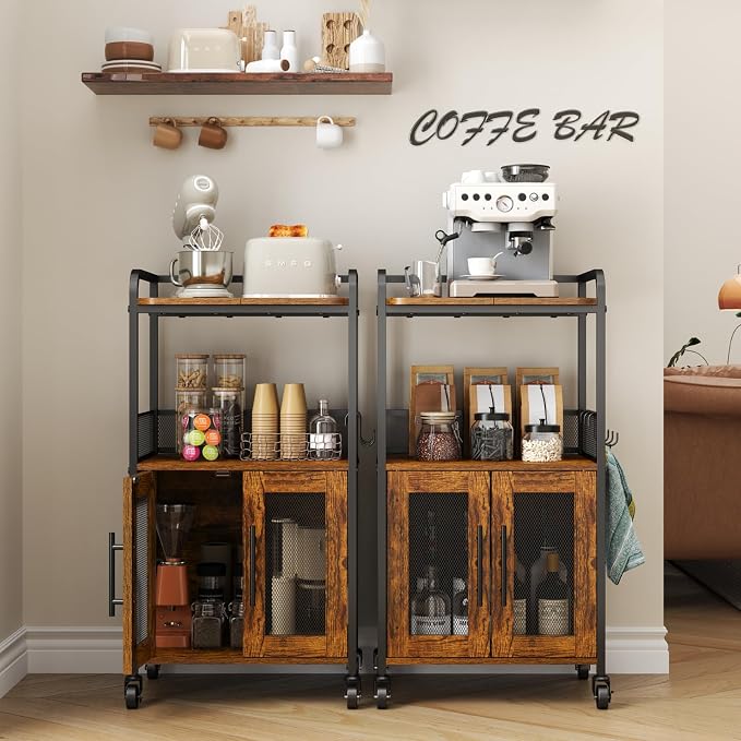 Hencawima Small Coffee Bar Cabinet with Storage, 3-Tier Rolling Coffee Bar Table, Farmhouse Coffee Cart Station with 2 Doors for Living Room, Dining Room, Rustic Brown
