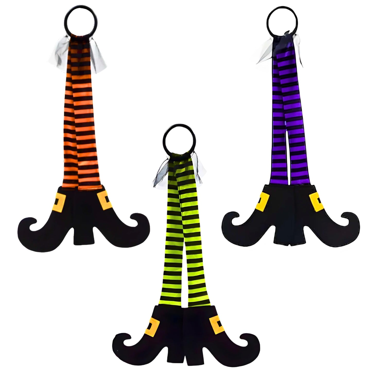 Halloween Dangling Witch Leg Decorations 22”Hx15”W, Green, Orange & Purple Striped Stockings 3/Pk