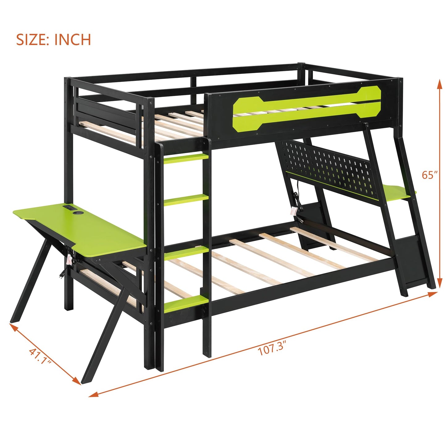 DNYN Gaming Bunk Bed with Dual Built-in Desks and USB Ports for Teens/Adults Bedroom, Twin Size Wooden Bed Frame with Pegboard Organizer/Ladder/Guardrails, No Box Spring Needed & Space-Saving