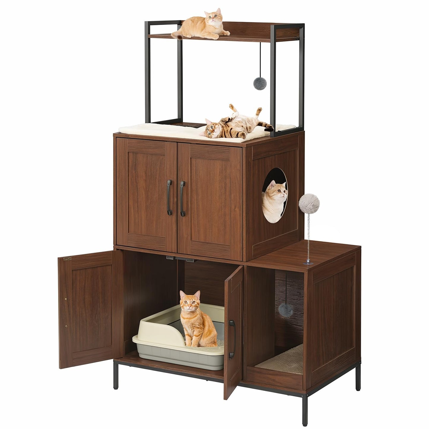 HOOBRO Litter Box Enclosure, Litter Box Furniture with Storage, 2-in-1 Hidden Cat Furniture with Shelf, 2 Dangling Plush Balls and 1 Toy Ball, Large Wooden Cat Washroom, Walnut WL78MW01