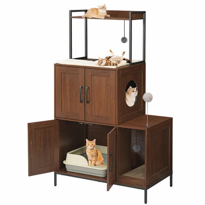 HOOBRO Litter Box Enclosure, Litter Box Furniture with Storage, 2-in-1 Hidden Cat Furniture with Shelf, 2 Dangling Plush Balls and 1 Toy Ball, Large Wooden Cat Washroom, Walnut WL78MW01