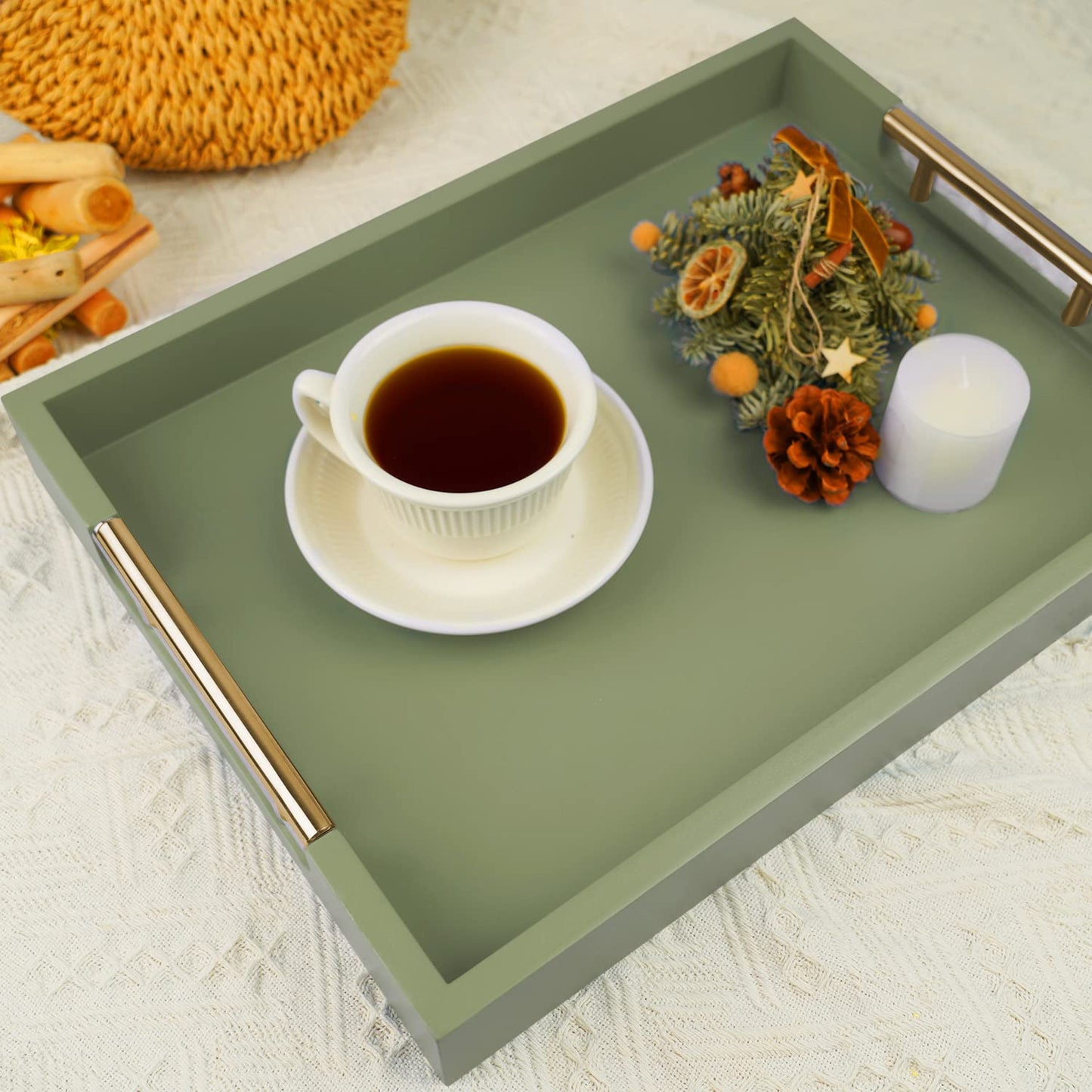 NELONY Wooden Decorative Coffee Table Tray, 16" Serving With Handles, Matte Finish, Ottoman for Living Room, Perfume, Vanity Dresser Organizer (Olive Green)