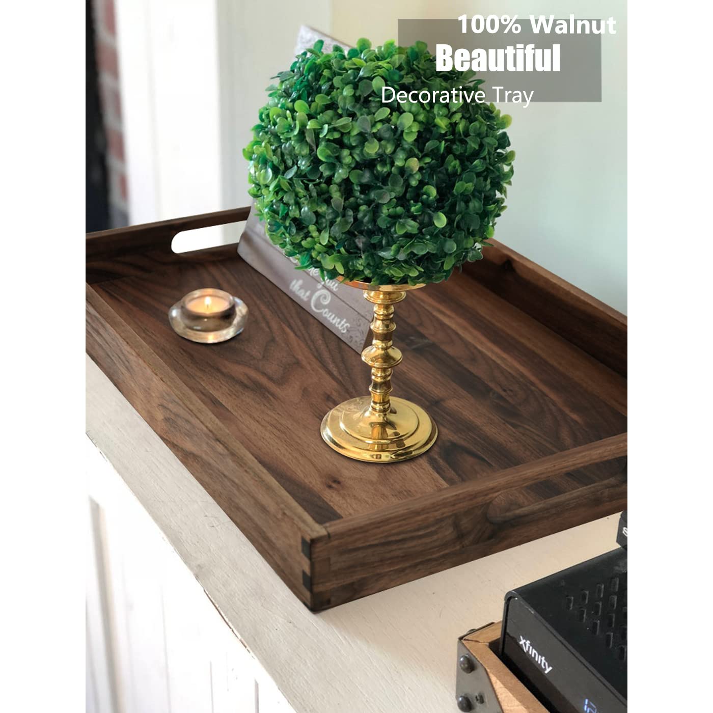 MAGIGO 17 x 12 Inches Rectangle Walnut Wood Ottoman Tray with Handles, Serve Tea, Coffee, Classic Wooden Decorative Serving Tray
