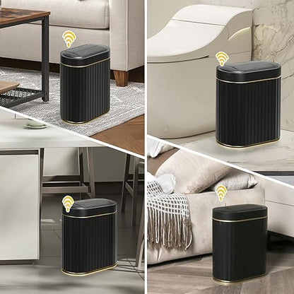 ELPHECO Bathroom Trash Can with Lid Butterfly, Motion Sensor Trash Can Bathroom Decor Automatic Garbage Can Wastebasket Bathroom Accessories, Kitchen, Living Room, Office, Black Gold