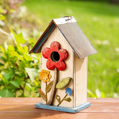 Glitzhome Hanging Bird House for Outdoor,10.2" H Patio Garden Decorative Birdhouse Pet Cottage Wooden Distressed Birdhouse with 3D Flowers for Bluebird,Hummingbird,Sparrow,Wren Finch, Washed White