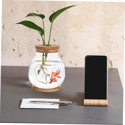Glass Hydroponic Plant Vase with Cork Lid and Bamboo Base Small Clear Fish Bowl Desktop Terrarium Kit for Water Plants Lucky Bamboo Betta Fish Starter Pot for Home Office Decor 5x5.5 Inch