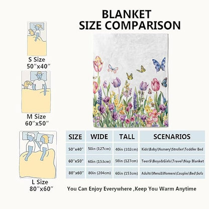 Spring Tulip Flower Blanket Cute Floral Throw Blankets with Colorful Butterfly,Birthday Gifts for Girls Women & Nature Lovers,Lightweight Soft Fleece,for Sofa Couch Bed Room Decor 40x50in