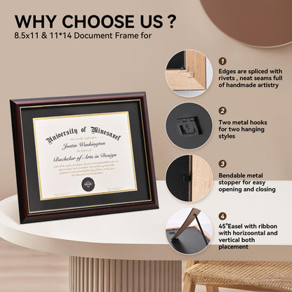 GAMYPET Solid Wood Diploma Frame 8.5 x 11 Certificate Frames with Black Mat or 11x14 Document without Mat as Graduation Picture Frame