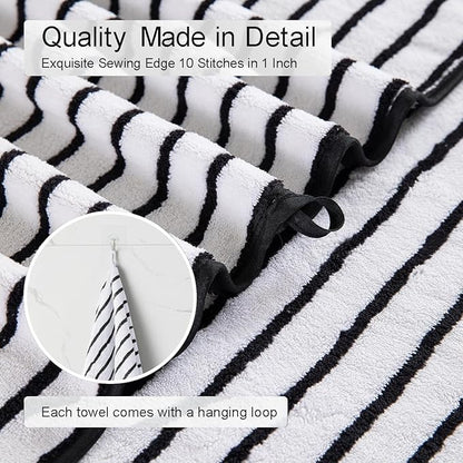 Oliven 8 Pcs Black White Cabana Stripe Large Bath Towel Set Oversize Bath