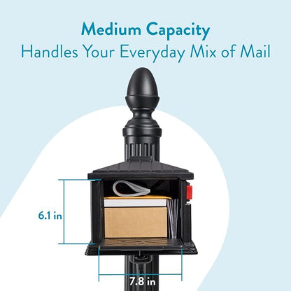 Architectural Mailboxes Stratford Plastic Mailbox and Post Kit, SC000BAM, Black, Medium Capacity | Includes the matching post and all hardware. Durable plastic build with weather-resistant outdoor construction. USPS approved