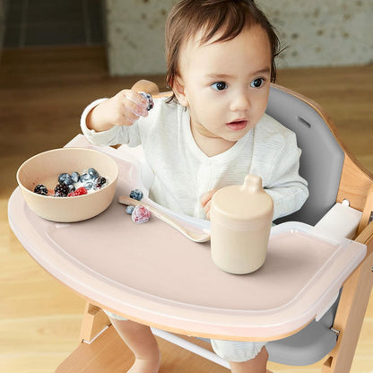 Cowiewie 3-in-1 Convertible Natural Wooden High Chair for Babies & Toddlers 3-Tier Remove & 2 Adjustable Wood Tray & 8 Levels Adjustable, 2 Waterproof Cozy Cushions Grey