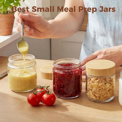 HomArtist 4oz Glass Salad Dressing Containers with Bamboo Lids - 6 Pack Small Airtight Condiment Cups, Mini Sauce Jars for Picnic, Ketchup, Dip & Snacks, Leakproof, BPA-Free & Dishwasher Safe