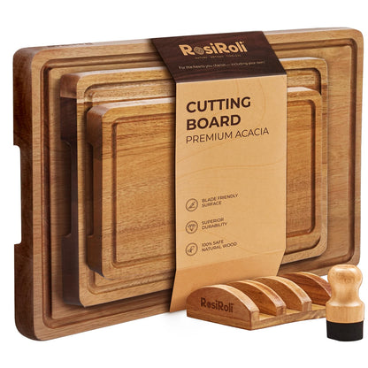 Acacia Wood Cutting Board Set of 3 for Kitchen — Non-Toxic, Kiln-Dried & Pre-Oiled 3x | Warp-Resistant Solid Acacia with Juice Groove, Handles & Anti-Slip Feets | Large Medium Small