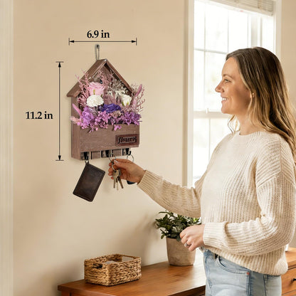 EIGHTOWN Purple Floral Wall Hooks, Farmhouse Wooden House Shape Key Holder with 3 Hooks, Artificial Soap & Dried Flower Decorative Hanger for Entryway, Living Room, Home Decor (Purple)